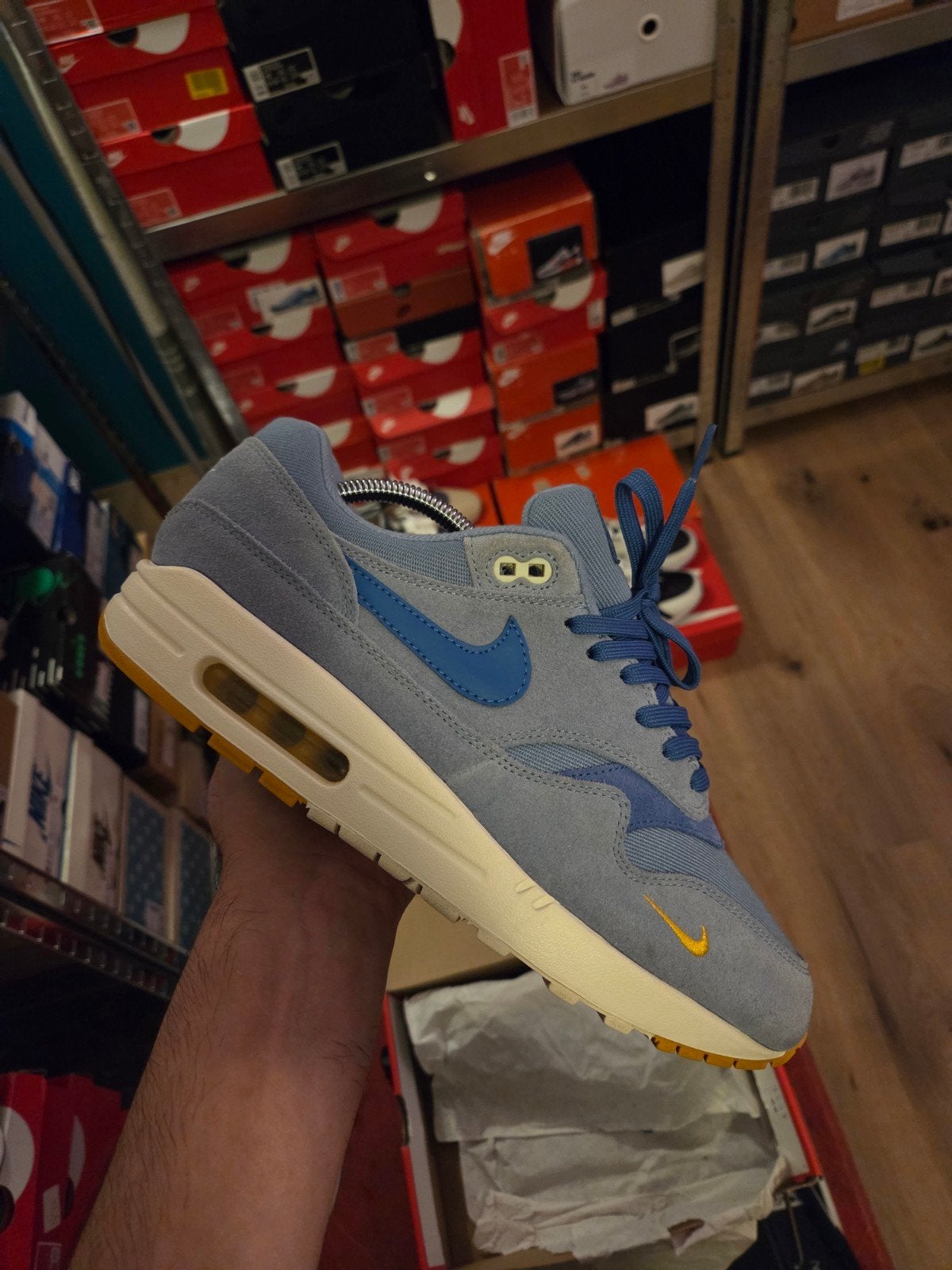Nike Air Max 1 'mini swoosh work blue' maat 44, Nike air max, Gedragen, Verzenden, Blauw