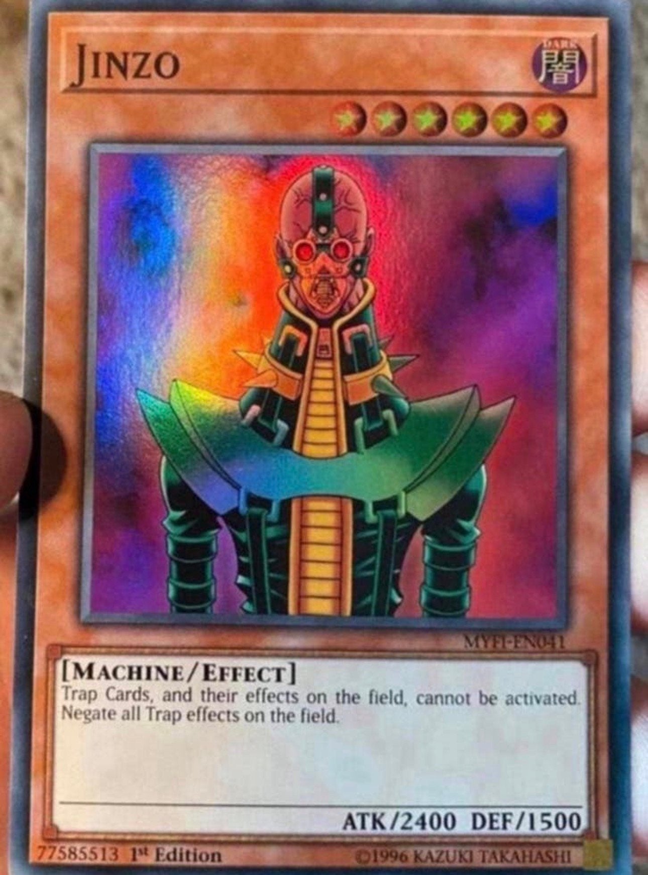 Yu-Gi-Oh! Jinzo MYFI 1st Edition M/NM !, Ophalen of Verzenden, Zo goed als nieuw, Losse kaart, Foil