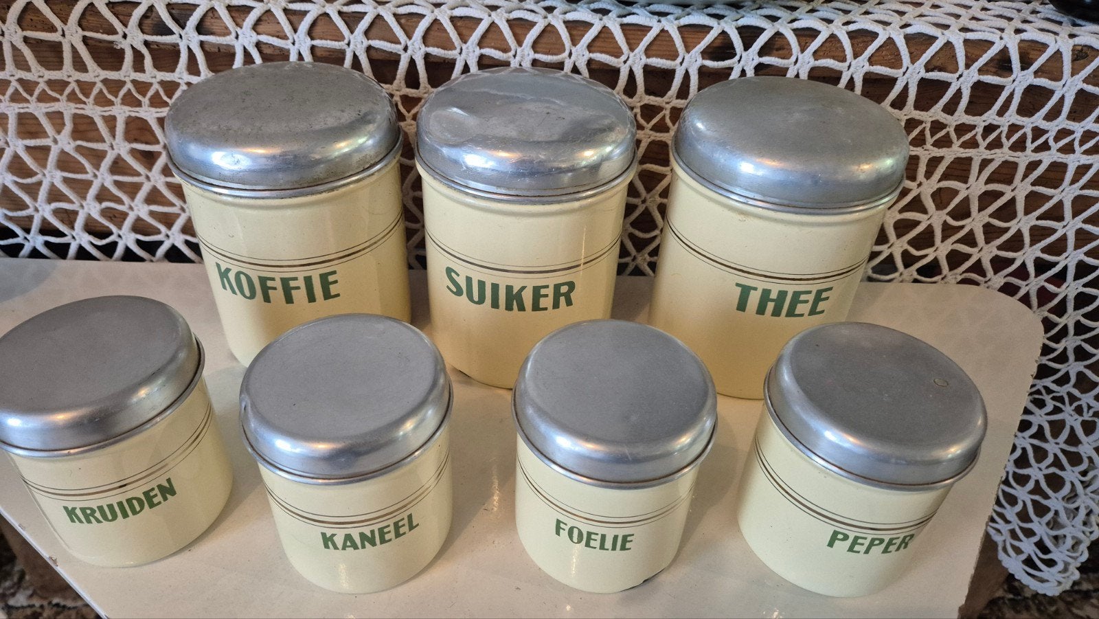 Vintage voorraadblikken set (7 stuks) - Koffie, Thee, Suiker, Antiek en Kunst, Ophalen of Verzenden