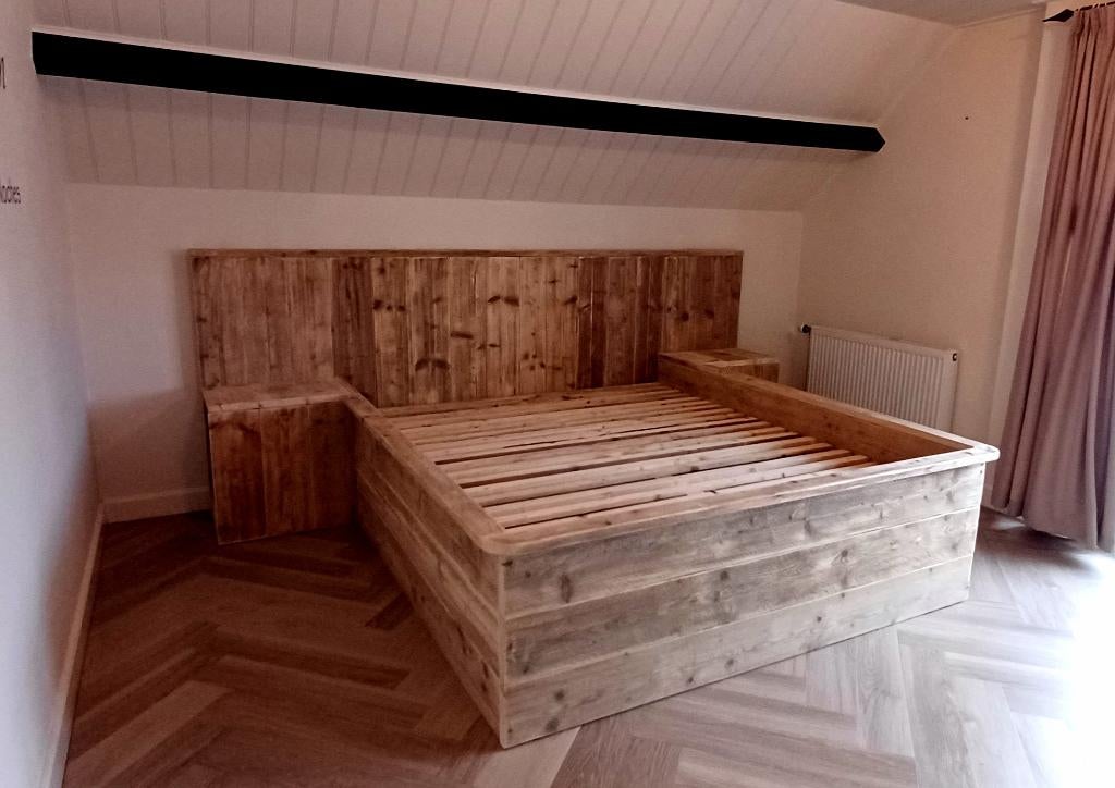 Tweepersoonsbed compleet nachttafels achterwand hoofdbord, Huis en Inrichting, Slaapkamer | Bedden, Ophalen, 160 cm, Hout, Nieuw