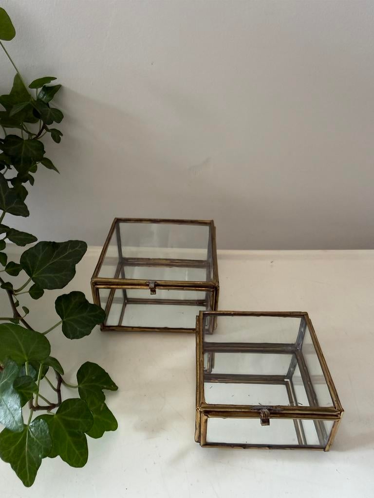 Set van 2 messing met glazen bewaardoosjes vintage, Antiek en Kunst, Ophalen of Verzenden