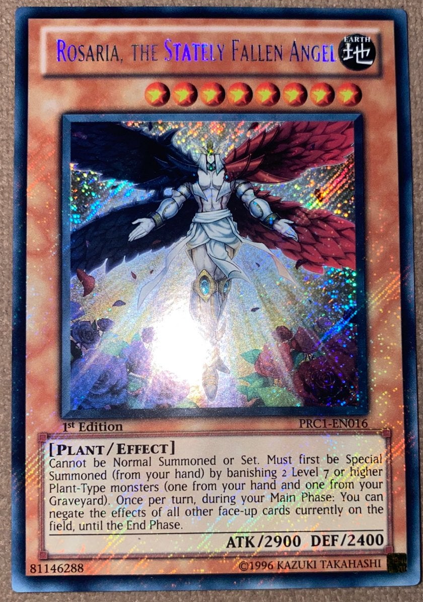 Yu-Gi-Oh! Rosaria, the Stately Fallen Angel PRC1 1st Edition, Ophalen of Verzenden, Zo goed als nieuw, Losse kaart, Foil
