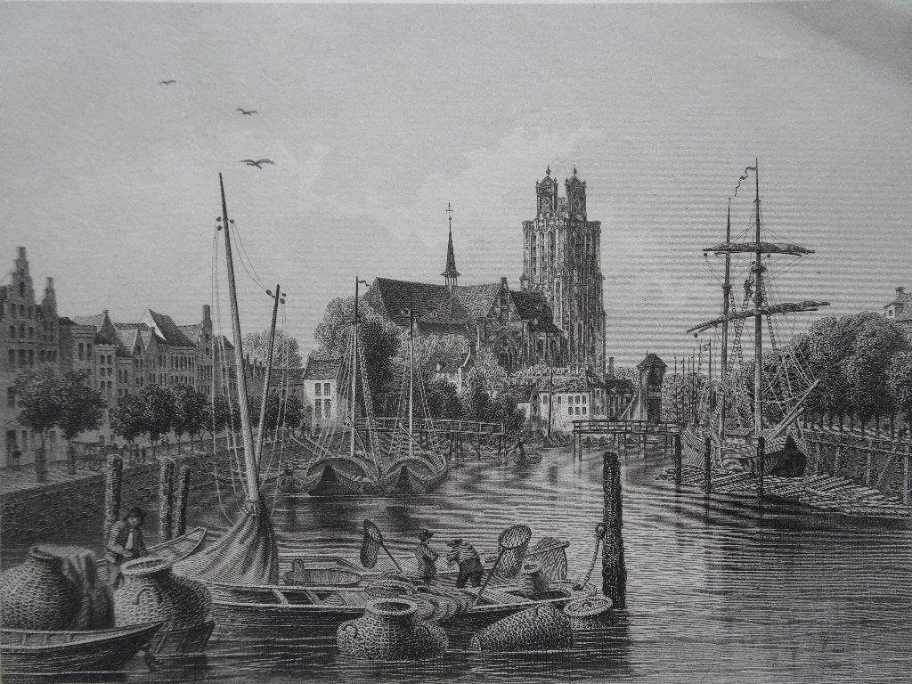 Staalgravure zicht op grote kerk Dordrecht, J. Umbach 1850, Antiek en Kunst, Kunst | Etsen en Gravures, 1800 - 1899, Stadsgezicht