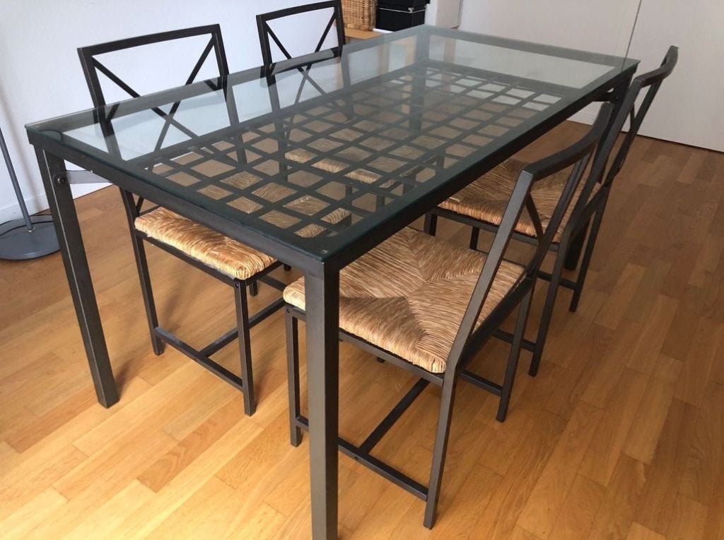GRANÅS eettafel gehard glas blad metalen onderstel, Ophalen, Gebruikt, 50 tot 100 cm, Glas