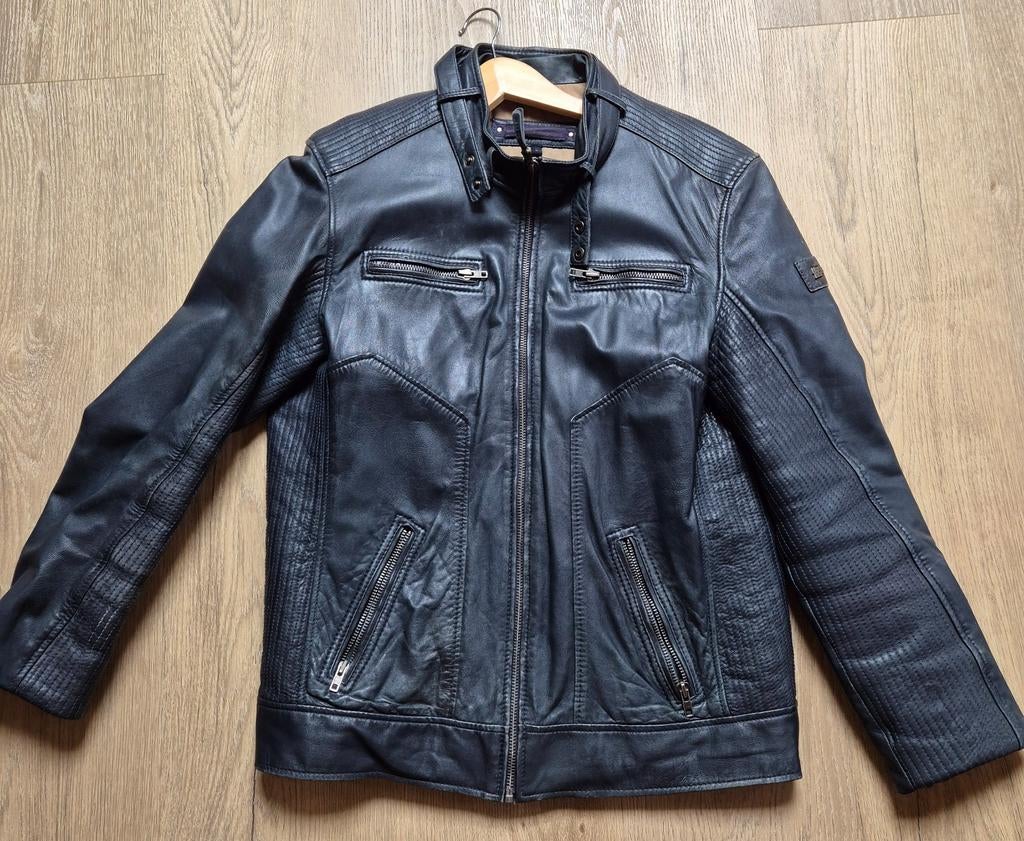 Stoer leren herenjack bikerjack Mays en Rose donkerblauw L, Ophalen of Verzenden, Zo goed als nieuw, Blauw