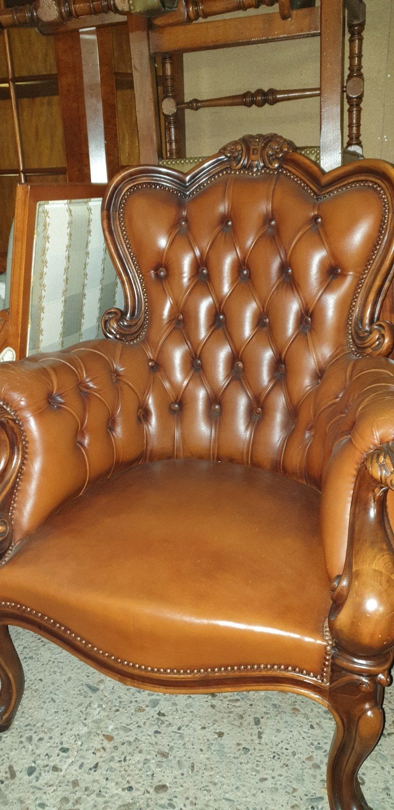 Luxe Barok Fauteuil - Cognac Leer, Ophalen, Gebruikt, Barok, 75 tot 100 cm