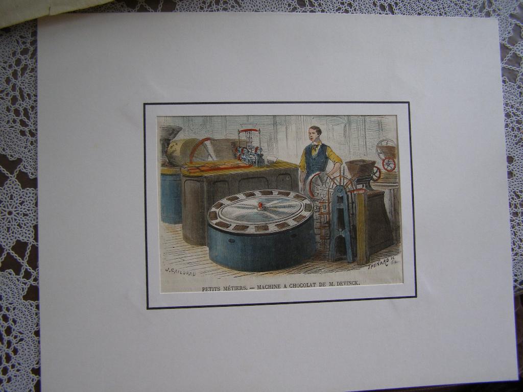 kleurgravure De chocolademachine van meneer Devinck, Frans, Antiek en Kunst, Kunst | Etsen en Gravures, 10 cm, Dagelijks leven
