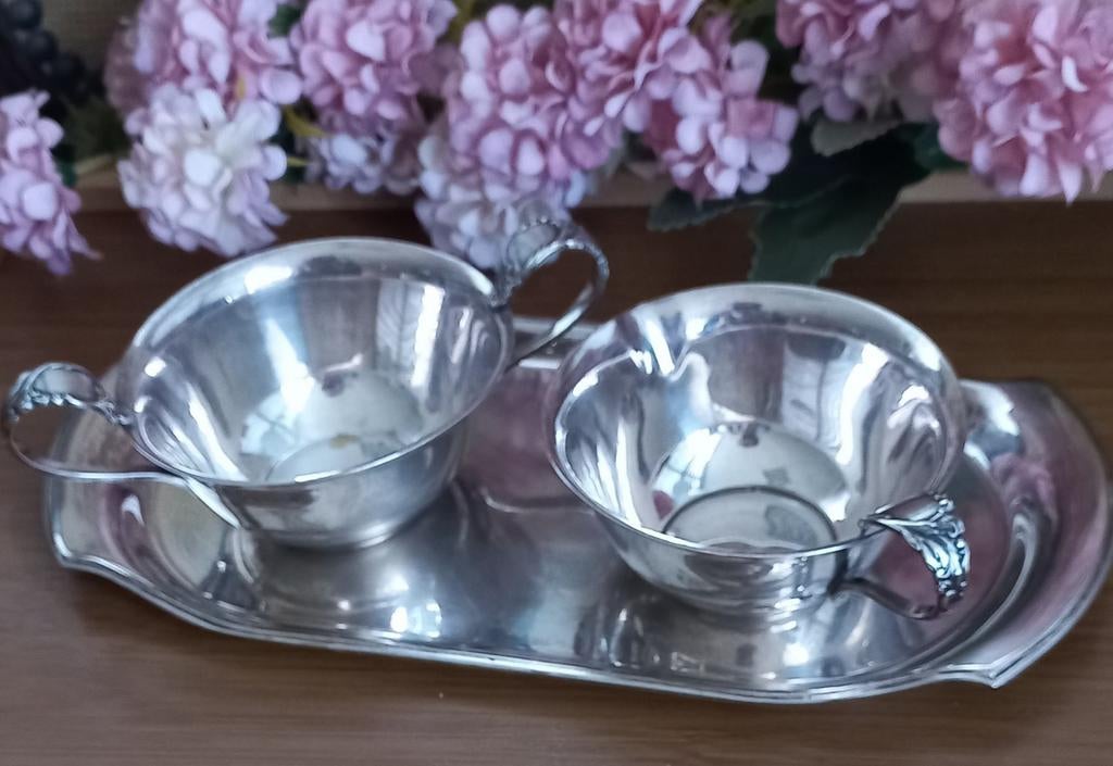 Leuk brocant verzilverd roomstel, 3-delig, gemerkt, Pleet, Antiek en Kunst, Curiosa en Brocante, Ophalen of Verzenden