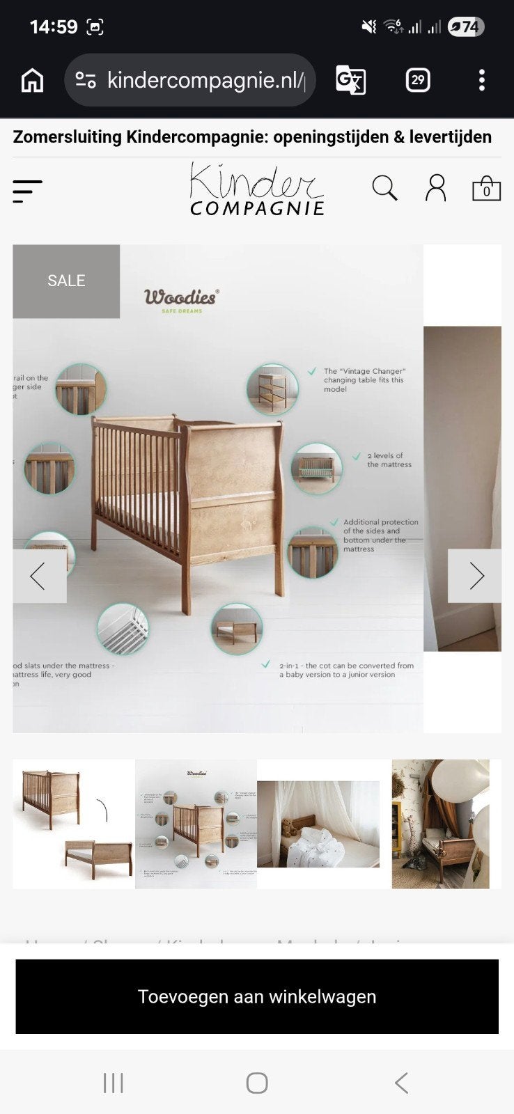 Woodies Noble Cot Bed - Junior Bed (Ledikant/Peuterbed), Ophalen, 70 tot 85 cm, 140 tot 160 cm, Zo goed als nieuw