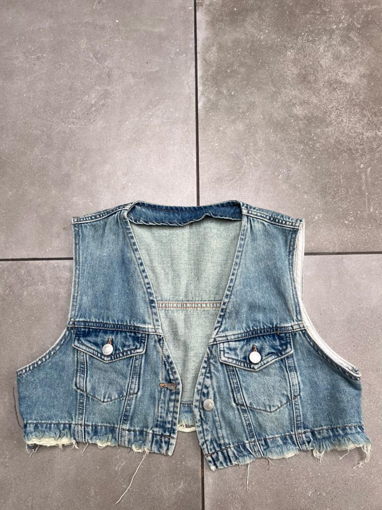 PULL&BEAR CROPPED CROP DENIM / SPIJKER GILET MAAT L, Ophalen of Verzenden, Zo goed als nieuw, Blauw, W33 - W36 (confectie 42/44)
