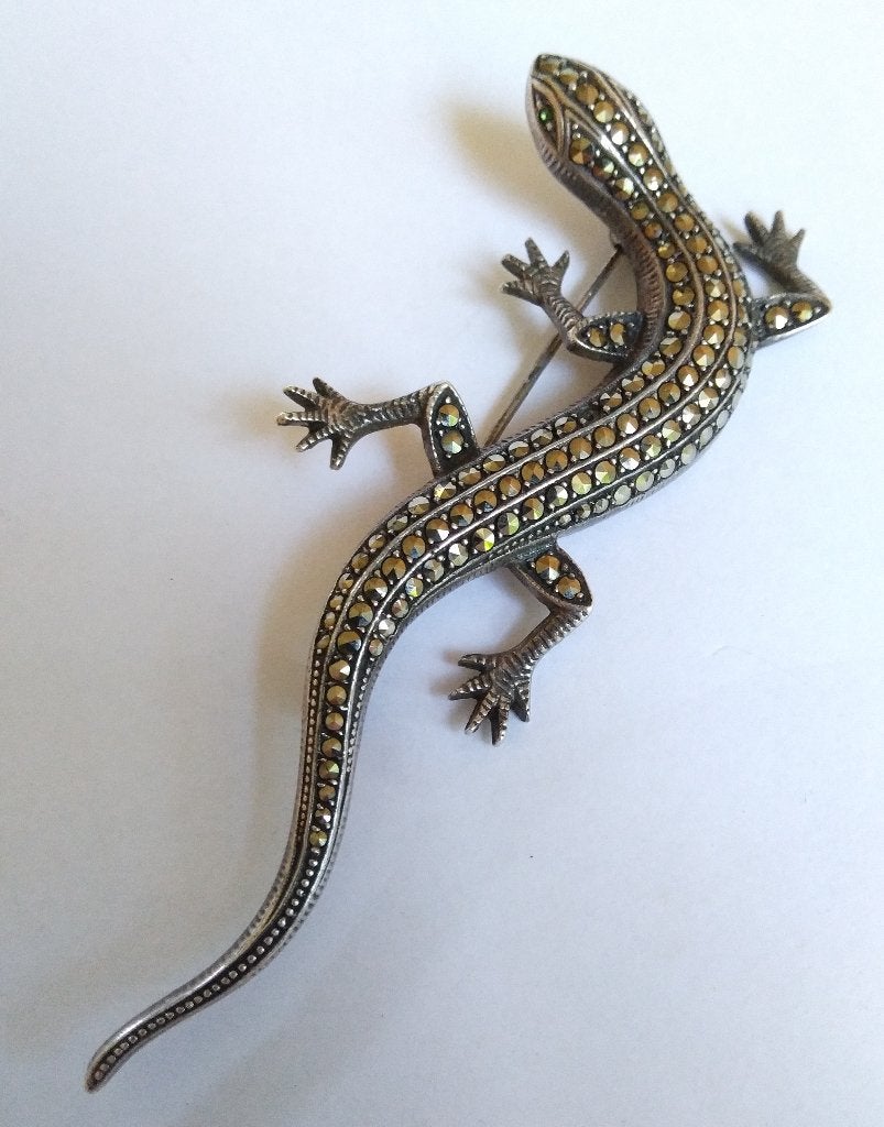 zilveren BROCHE 8,4 cm lang "Salamander' met Markasietjes, Sieraden, Tassen en Uiterlijk, Antieke sieraden, Ophalen of Verzenden