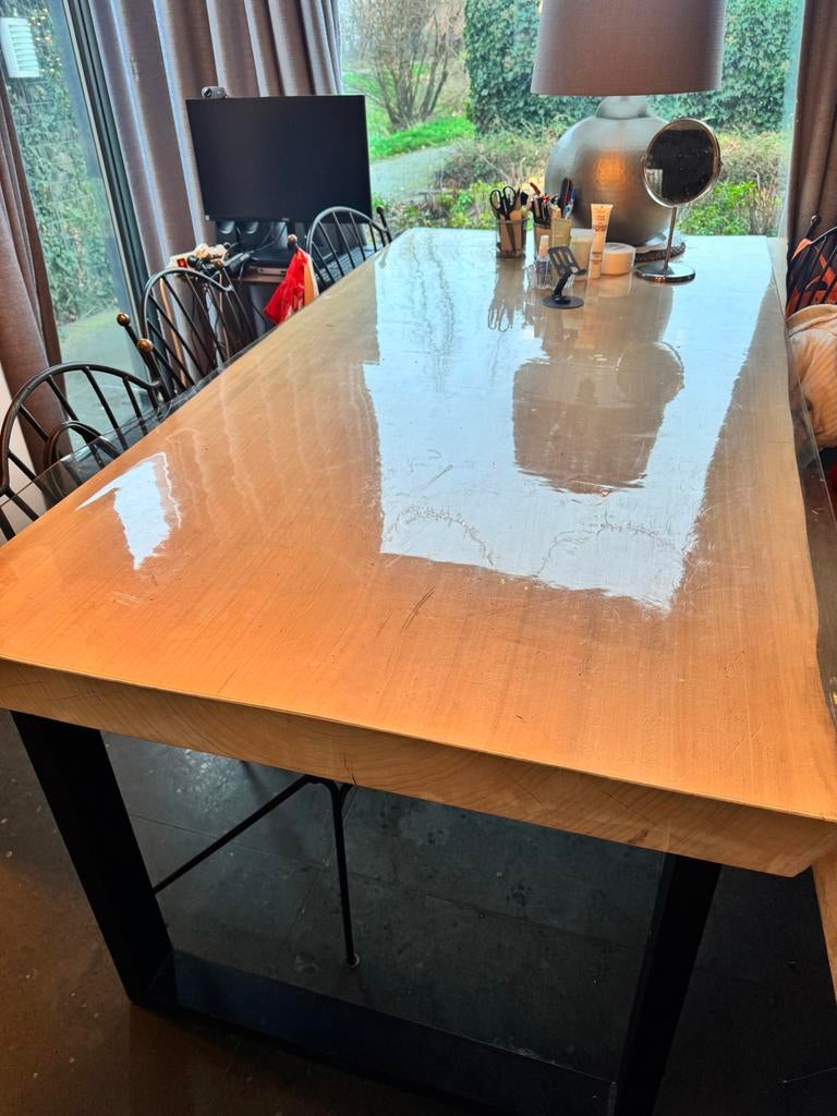 Boomstam eettafel 200x90-100cm met industriële U-poten, Gebruikt, Vijf personen of meer, 150 tot 200 cm, Rechthoekig