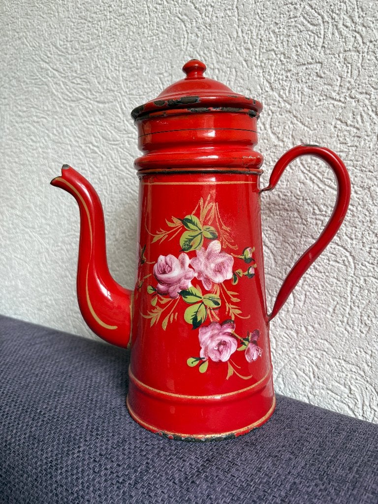 Emaille franse koffiekan, rood met bloemen, Ophalen of Verzenden