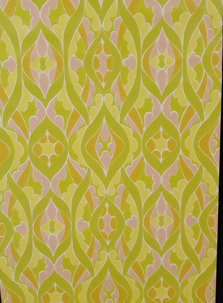13718 Groovy vintage behang in geel en roze 70s swiet, Ophalen of Verzenden, Groen