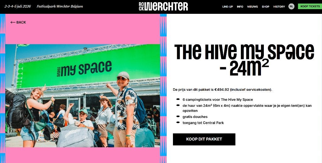 Rock Werchter The Hive My Space 24m2 campingplek(6 personen), Tickets en Kaartjes, Drie personen of meer, Meerdaags
