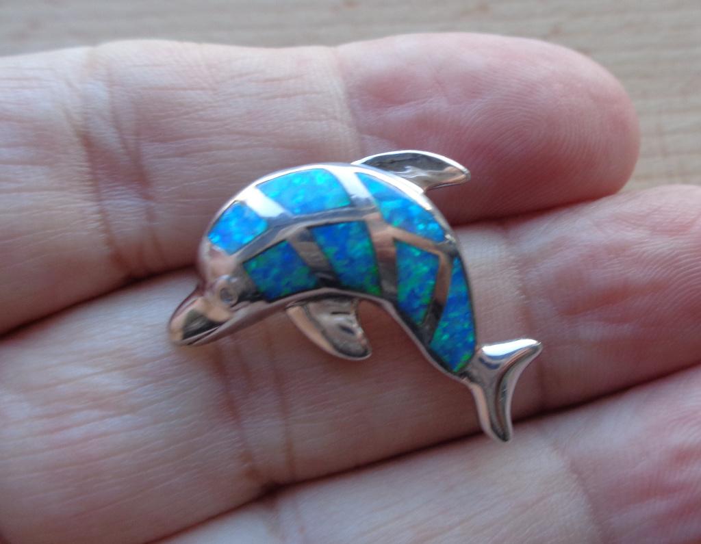 zilveren dolfijn hanger met blauw opaal [090], Verzenden, Zo goed als nieuw, Zilver, Zilver