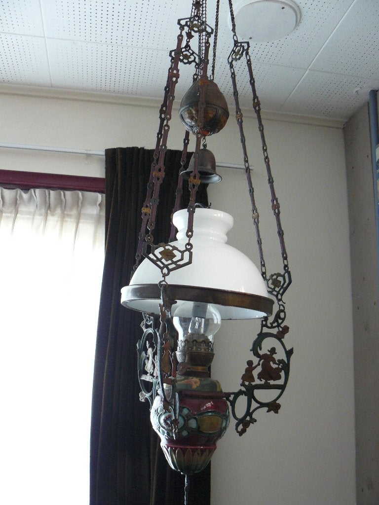 Antieke olielamp (voor electrisch gemaakt), Antiek en Kunst, Antiek | Lampen, Ophalen