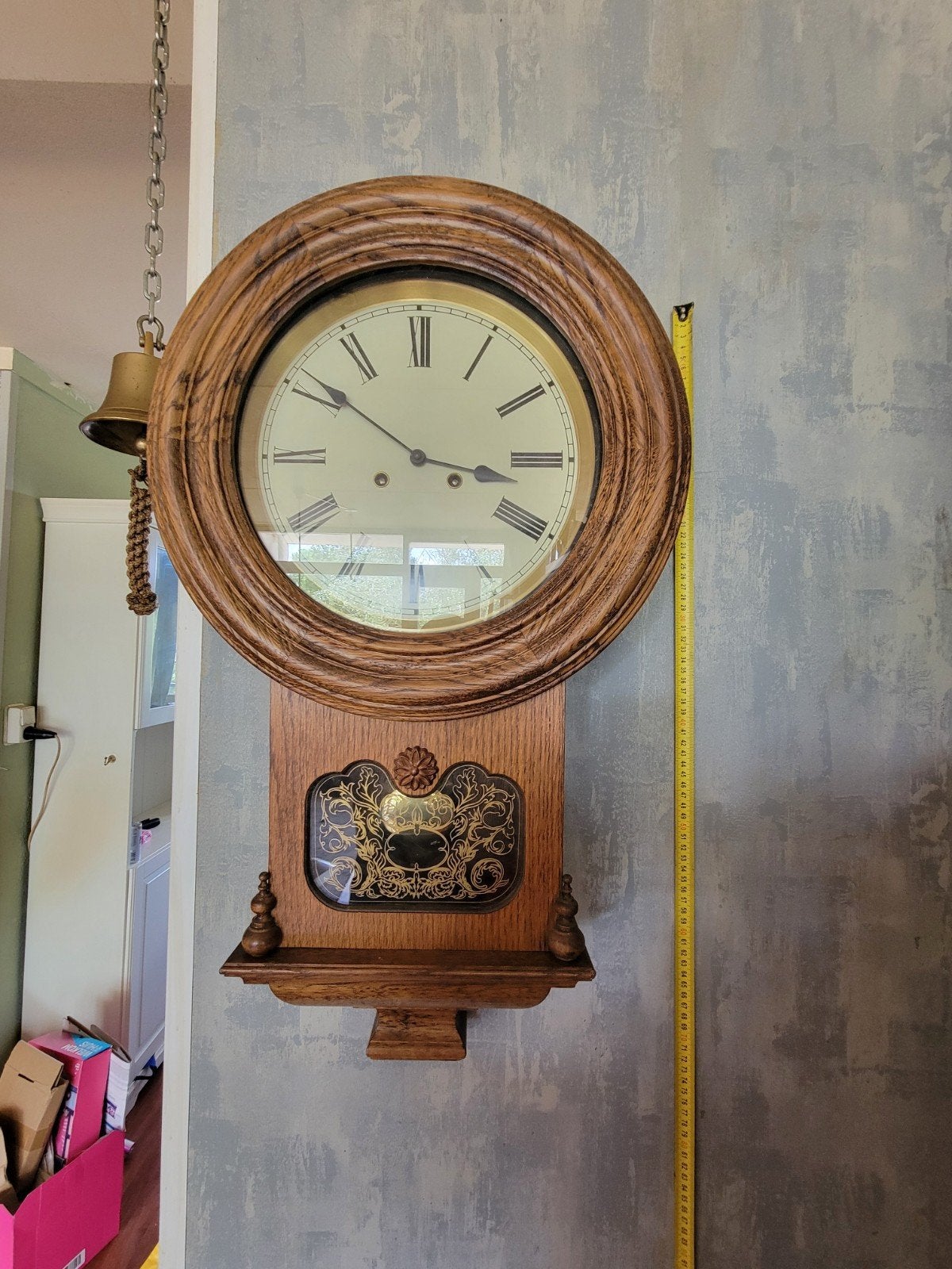 Antieke houten wandklok met Romeinse cijfers, Ophalen of Verzenden