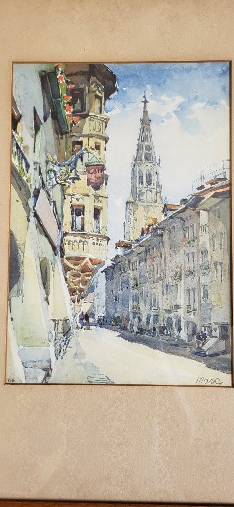 Aquarel Kathedraal van Bern, door Marc, Ophalen of Verzenden, Schilderij, Aquarel, Ingelijst
