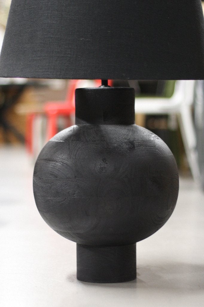 Zwarte ronde tafellamp schemerlamp BARUMI L&L hout stof, Met schakelaar, Zwart, Zo goed als nieuw, Hout