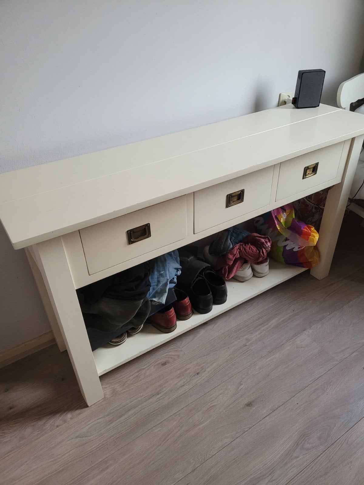 Crèmekleurige halbank met lades en schoenenrek, Huis en Inrichting, Ophalen, Gebruikt
