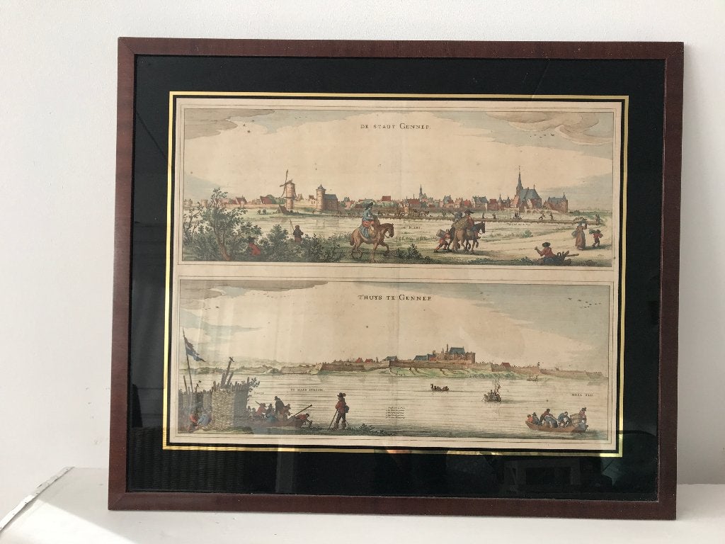 Originele handgekleurde gravure Gennep – Joan Blaeu, 1649, Antiek en Kunst, Ophalen, Stadsgezicht, 1600 - 1699, Gravure