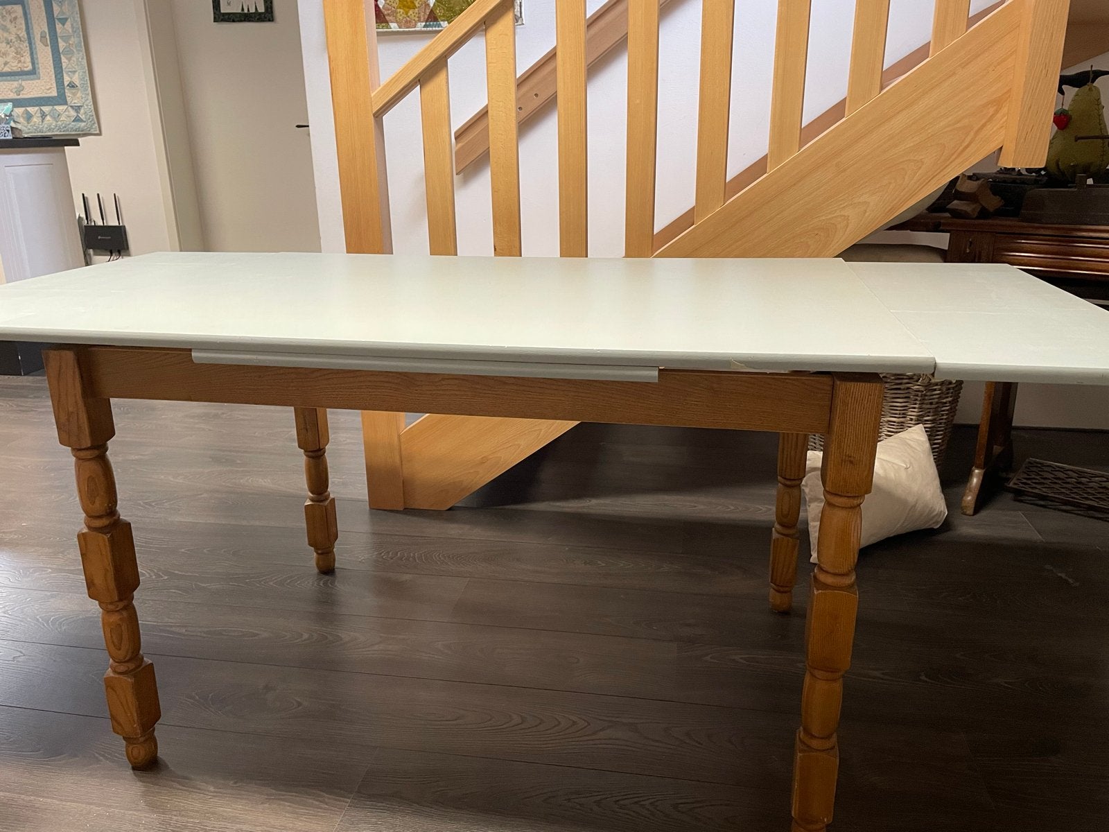 Uitschuifbare eettafel met houten onderstel, Ophalen, Gebruikt, 50 tot 100 cm, 150 tot 200 cm