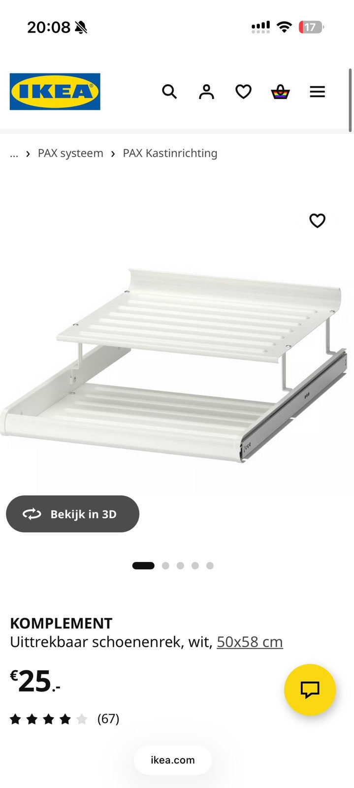 Ikea pax kast uitrekbaar schoenen rek 50x58, Ophalen, Nieuw
