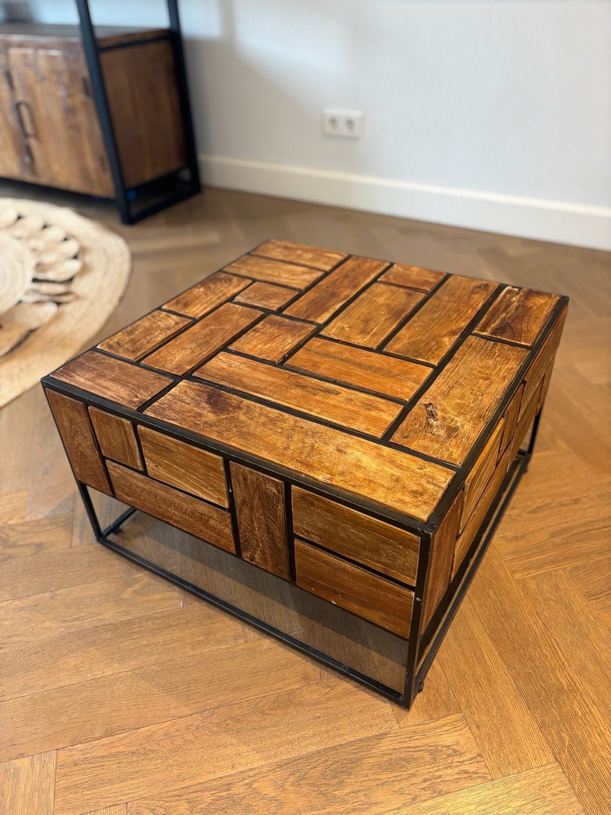 Salontafel 60x60x36cm - Hout en Metaal, Ophalen, Gebruikt, Vierkant, 50 tot 100 cm