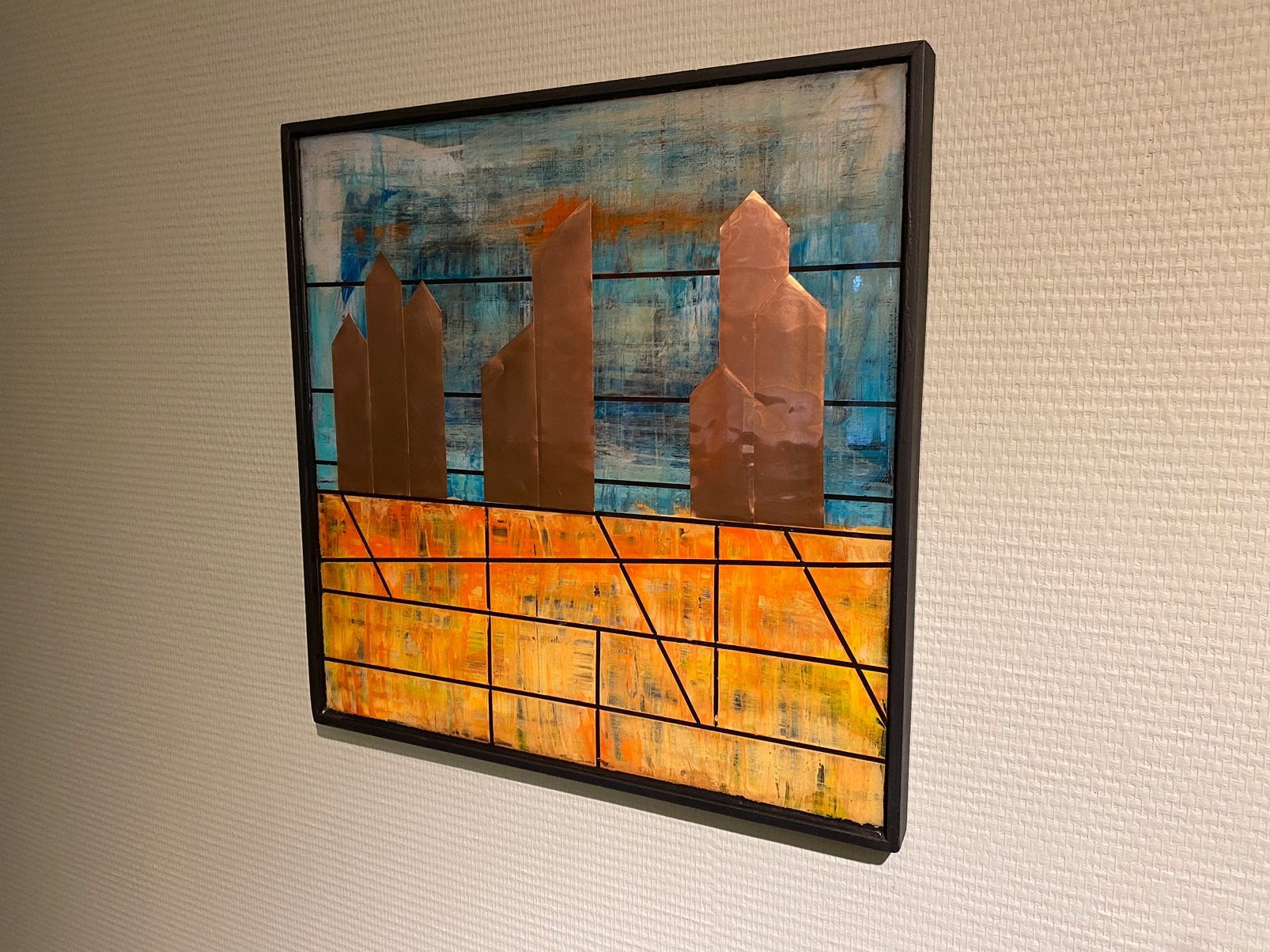 “ lijnenspel met koper “ 40 x 40 cm - 1-2 of 3 paneeltjes, Ophalen
