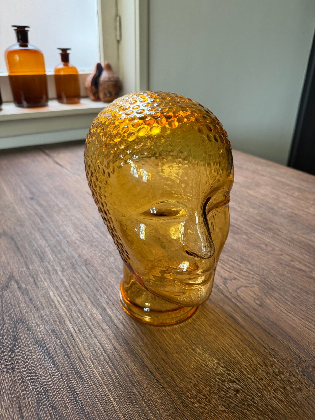 Vintage Glazen Hoofd Retro Amberkleurig Decoratie, Ophalen of Verzenden