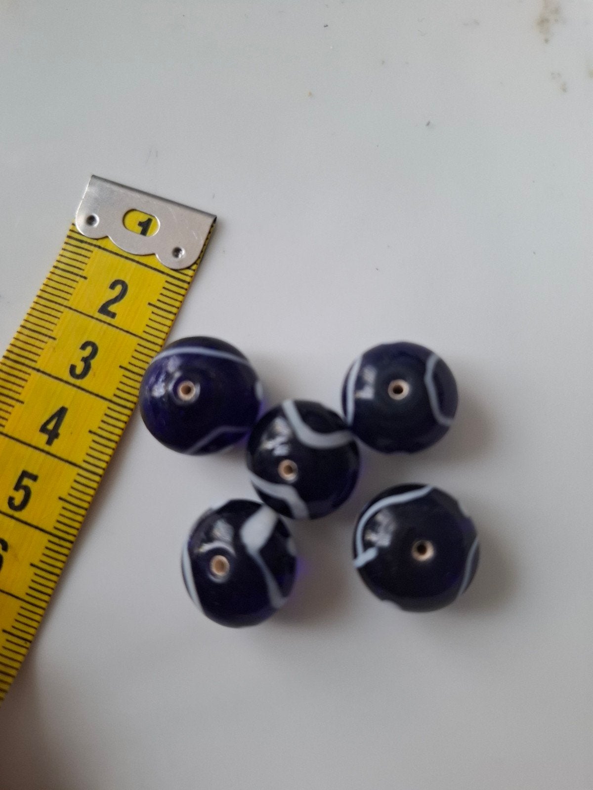 5 grote lampwork glaskralen wit blauw donkerblauw kralen, Kraal, -, -, Nieuw