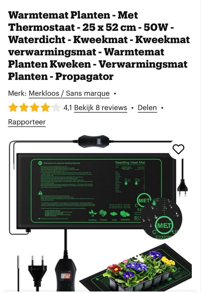 Warmtemat Planten met Thermostaat - 25x52cm, 50W, Ophalen of Verzenden, Zo goed als nieuw, Hout, Overige typen