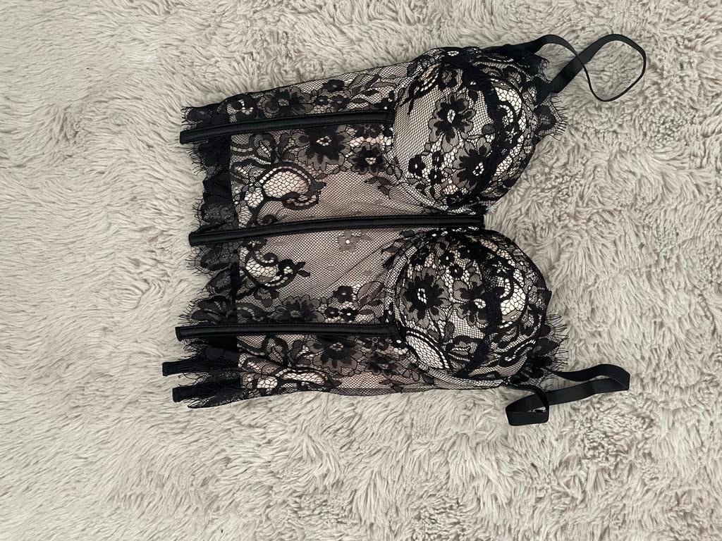 Zwart Kanten Body/Korset met Jarretels, Ophalen of Verzenden, Zwart, Body of Korset