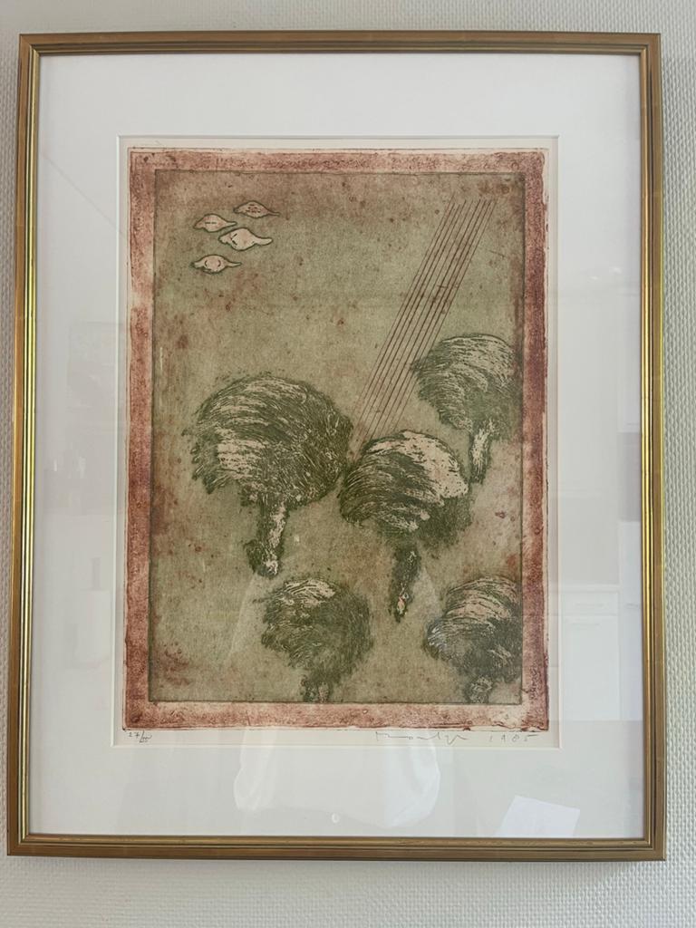 Ets van Jan Montyn - Abstracte bomen en vissen (1985), Antiek en Kunst, Ophalen of Verzenden, 1950 - 1999, Ets, Flora en Fauna