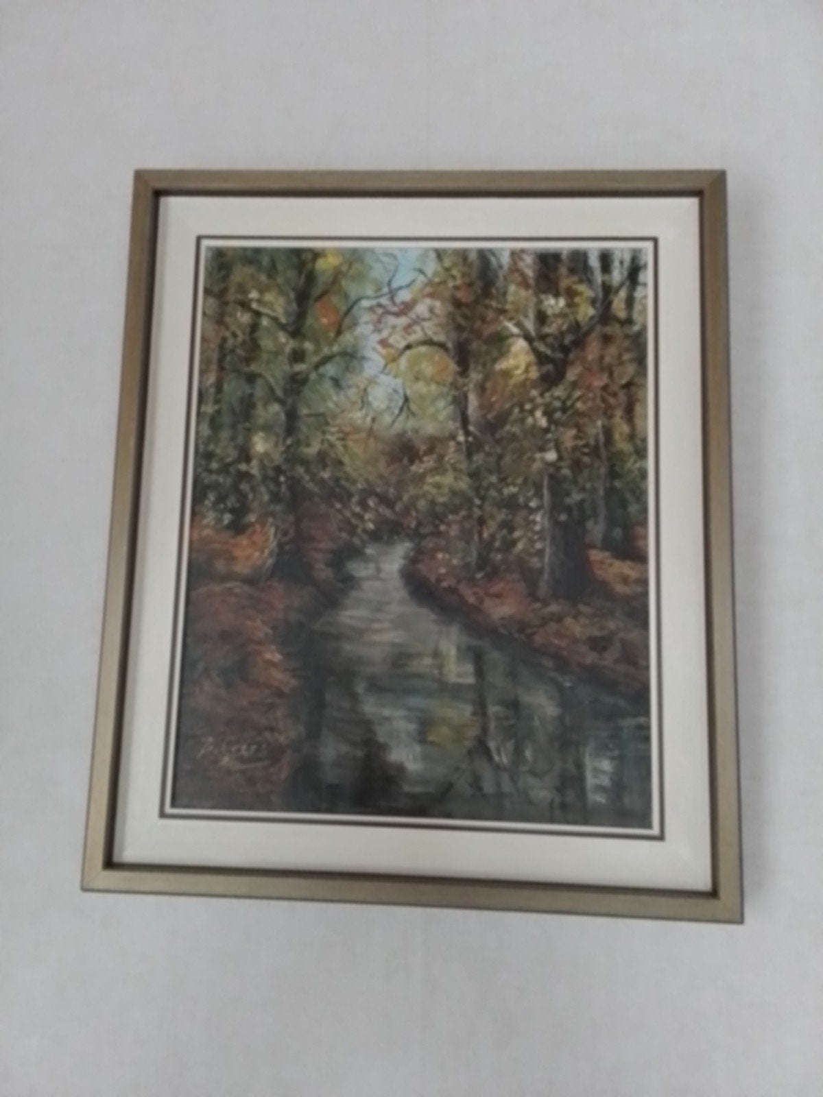 Schilderij: Boslandschap met beekje, gesigneerd, Antiek en Kunst, Doek, Realistisch, Origineel werk, Ophalen of Verzenden