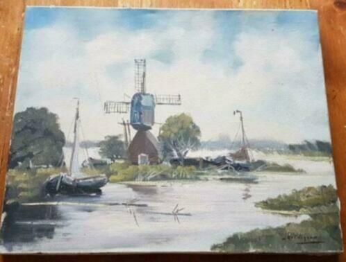 schilderij olieverf op doek Jan Kelderman molen gezicht, Antiek en Kunst, Ophalen