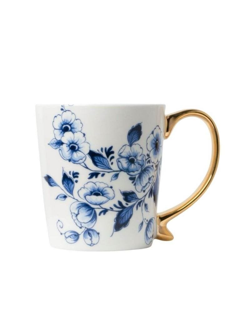 Heinen Delfts Blauw mok Bloemen gouden oor 300 ml nieuw, Overige merken, Keramiek, Delftsblauw, Heinen Delfts Blauw