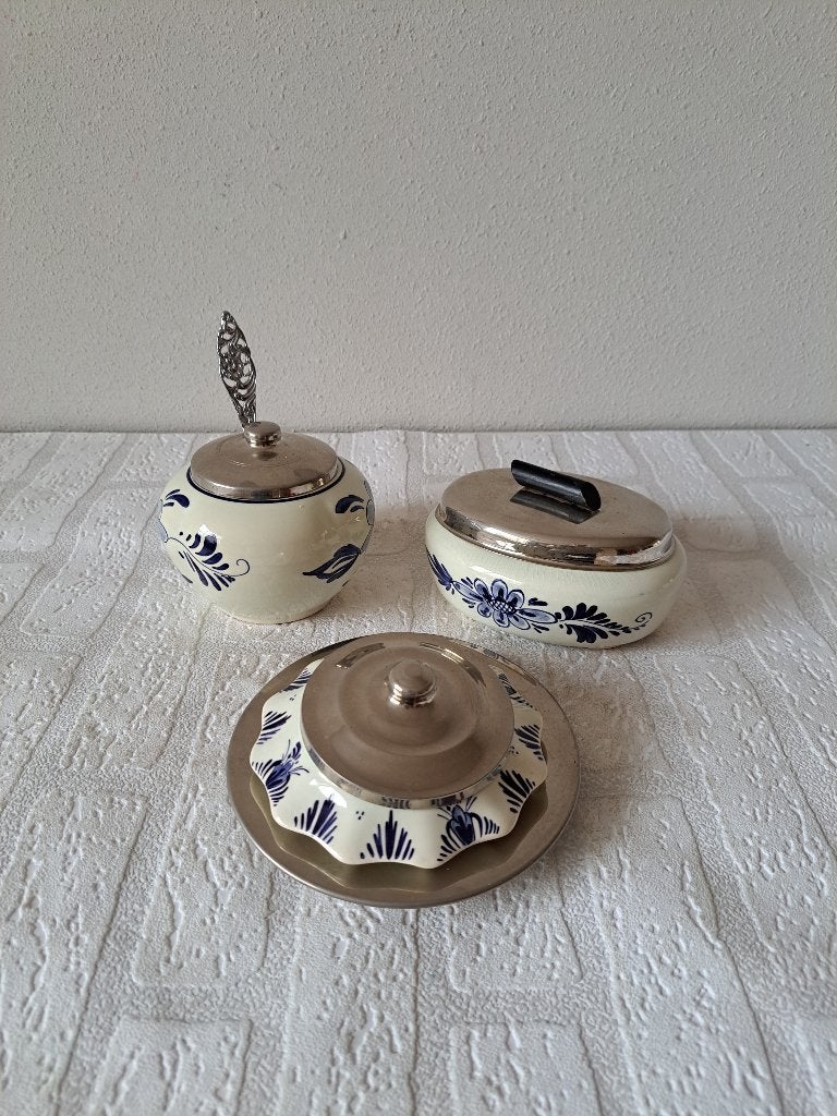 DOVO Suikerpotjes Delfts Blauw Porselein Metaal Set van 3, Ophalen of Verzenden