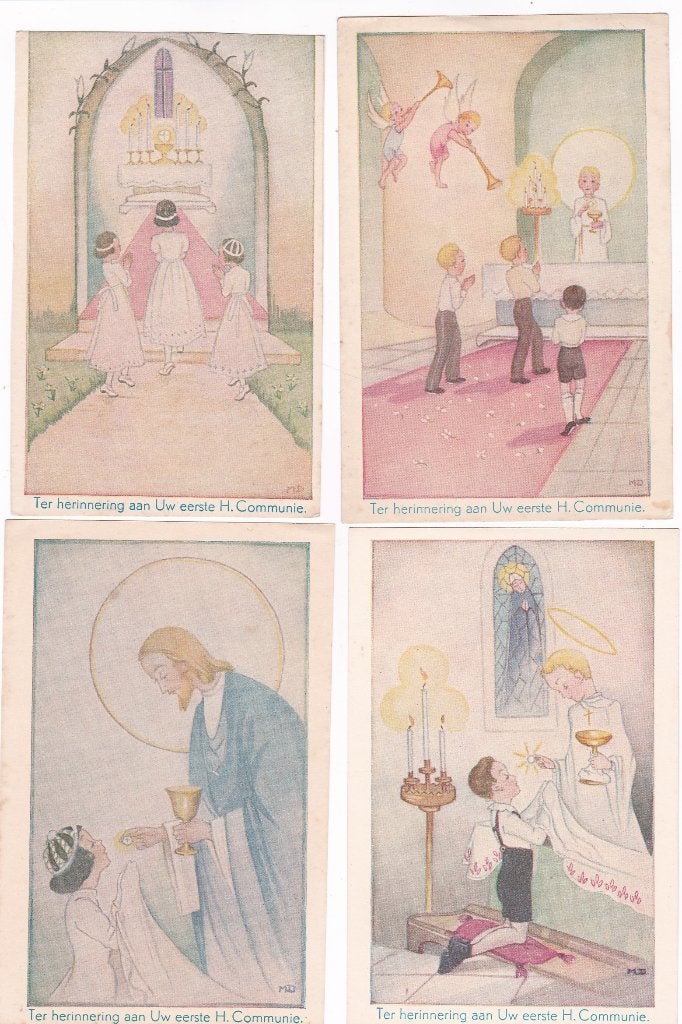 Ter Herinnering aan Uw eerste H. Communie. /set van 4 stuks, Verzamelen, Ophalen, 1940 tot 1960, Ongelopen, Cultuur en Media