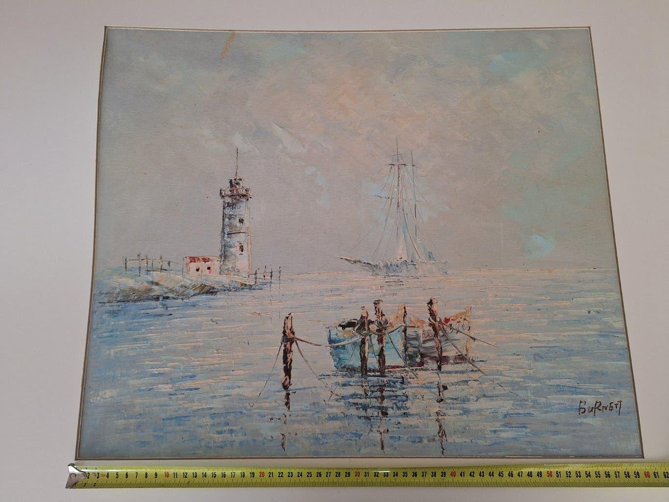 Schilderij 'Zeegezicht met vuurtoren en boten' - Gesigneerd, Ophalen of Verzenden