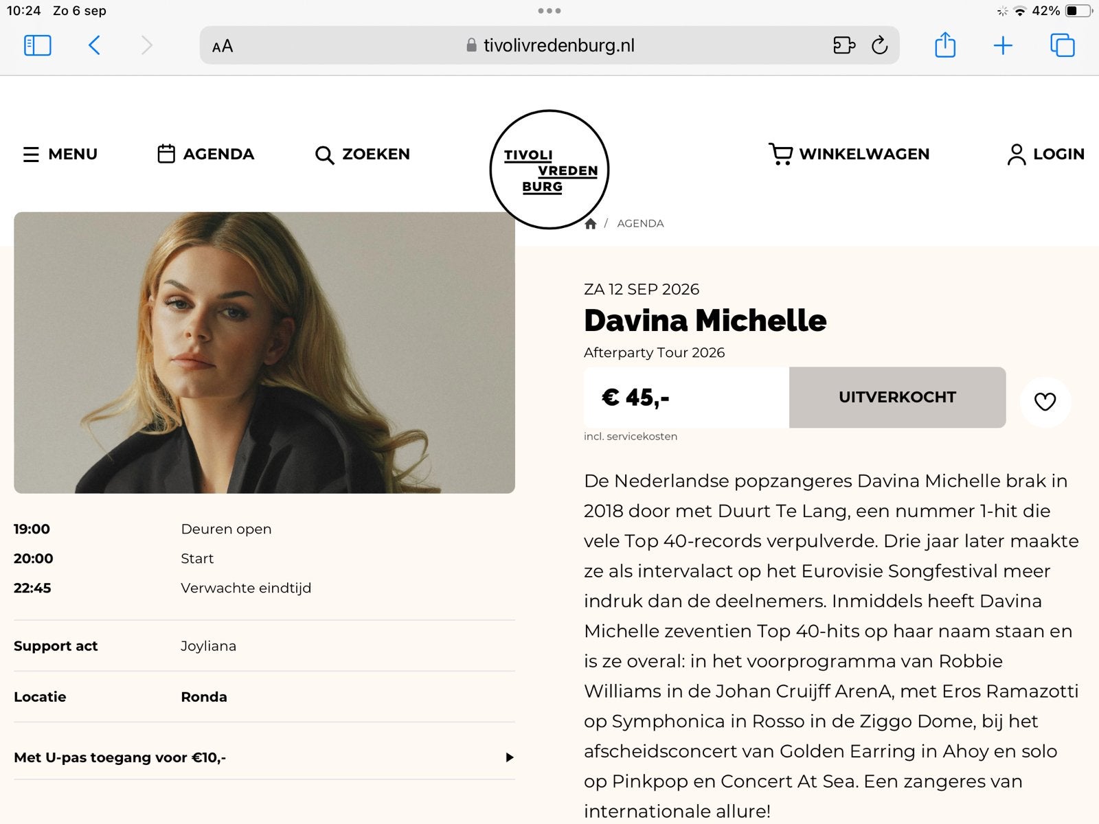 Twee kaartjes voor Davina Michelle Tivoli 12 september 2026, Twee personen