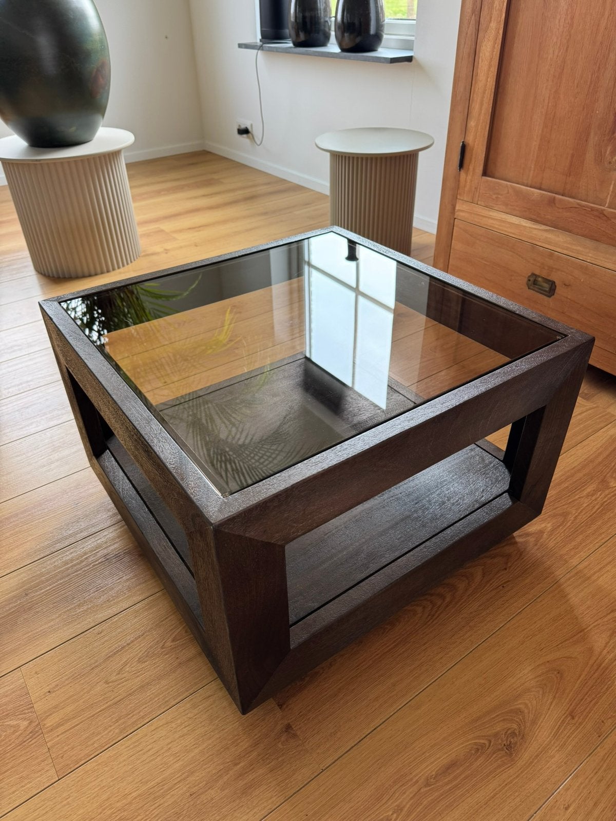 Salontafel glas - bijzettafel - walnoot bruin, Ophalen, Zo goed als nieuw, Rechthoekig, Glas