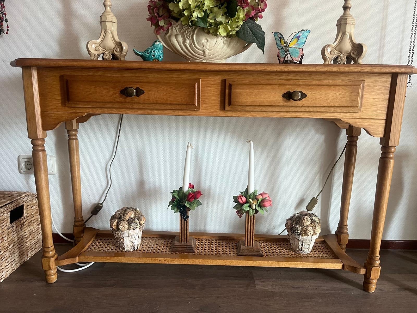 Blank eiken houten sidetable met lade en rotan plank, Ophalen, Zo goed als nieuw, 75 cm of meer, 60 cm of meer