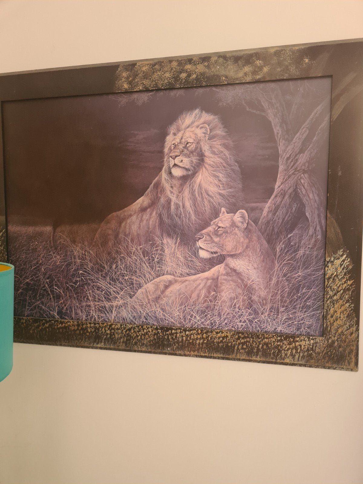 Schilderij leeuwenpaar in lijst, Realistisch, Dieren, Ophalen of Verzenden, Print