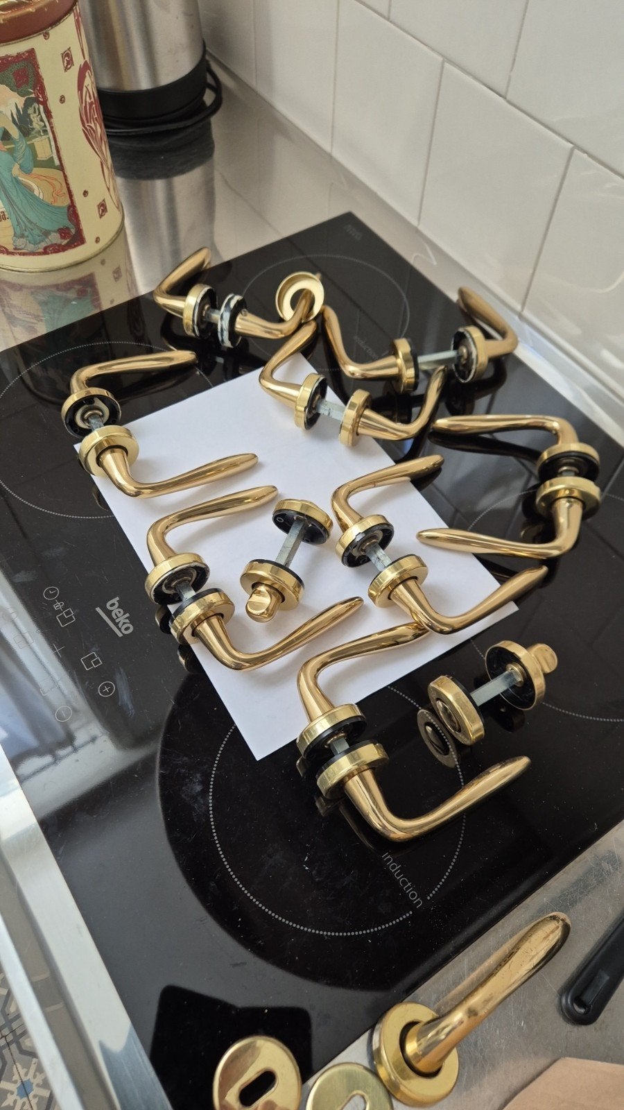 7 (+halve) sets goudkleurige deurklinken en 2x apart slot, Huis en Inrichting, Woonaccessoires | Overige, Ophalen, Zo goed als nieuw