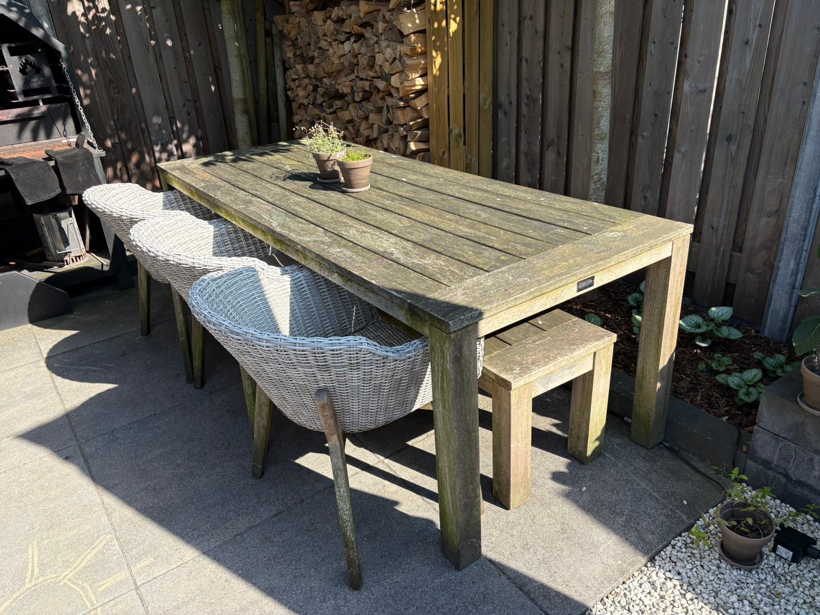 Robuuste Teakhouten Tuintafel + Bank/stoel - Rough Furniture, Ophalen, Gebruikt, Rechthoekig, Teakhout