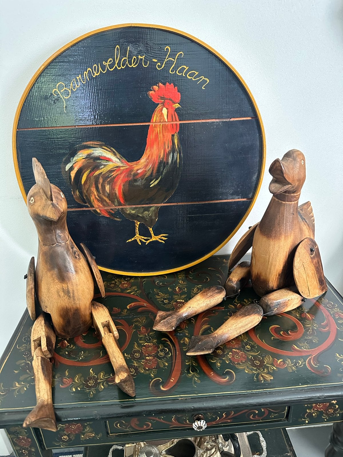 Vintage houten eenden en haan schilderij, Ophalen of Verzenden