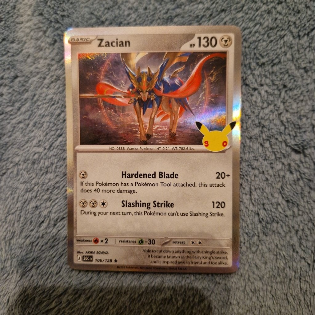 Zacian 106/128 Pokémon 30th Celebration holo, Ophalen of Verzenden, Zo goed als nieuw, Losse kaart, Foil