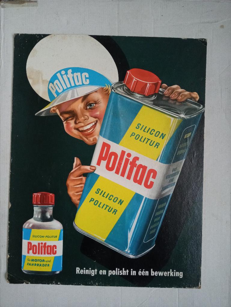 Karton reclameplaat Polifac Silicon Politur politoer Motor, Verzamelen, Merken en Reclamevoorwerpen, Gebruikt, Reclamebord, Ophalen of Verzenden